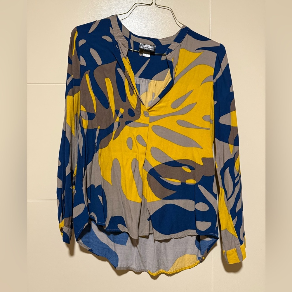 Manuheali’i Hawaiian Women's Tunic Blouse Top V-neck Palm Print Blue Yellow Sz S